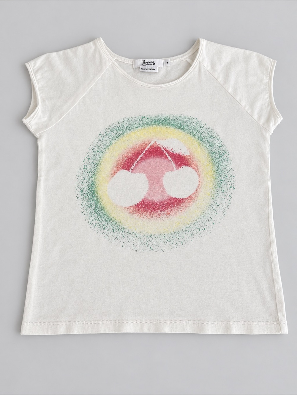 Bonpoint Cream Tee with Pink Cherry Graphic and Green-Yellow Halo